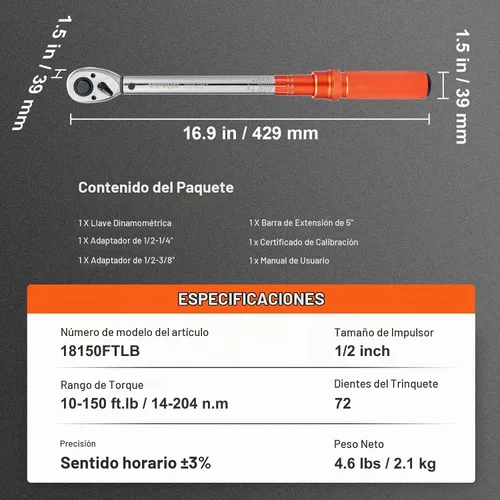 Vista 7 de VEVOR Llave dinamométrica de 1/2 pulgada con clic, escalas de doble rango mecánicas 10-150 pies.libras/14-204 Nm, de doble dirección ajustable
