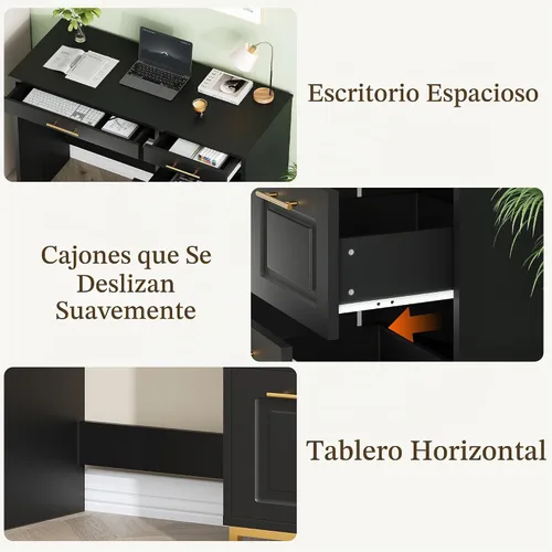 Vista 5 de 4 EVER WINNER Escritorio negro con cajones, escritorio de 43 pulgadas con archivador de almacenamiento y mango dorado, escritorio de oficina en casa
