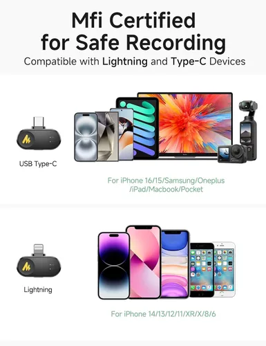 Vista 5 de MAONO Wave T1 Mini micrófono inalámbrico Lavalier para iPhone/Android, cancelación de ruido, filtro de voz AI, 30 horas utilizado con estuche