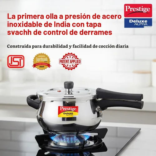 Vista 2 de Prestige Deluxe Alpha Svachh - Olla a presión de acero inoxidable con base Alpha y tapa profunda para control de derrames, (4.0 L Junior Handi)
