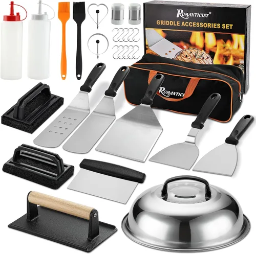 Vista 7 de ROMANTICIST Juego de 29 accesorios para plancha – Juego de espátula de teppanyaki con raspador, cubierta de hilvanado para chef de campamento