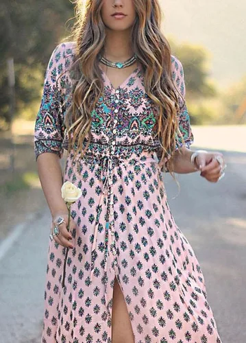 Vista 2 de R.Vivimos - Vestido bohemio a media pierna de verano para mujer con estampado floral, botones, tirantes delgados, cuello en V