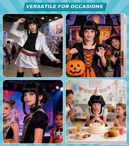 Vista 7 de Peluca negra con moño y flequillo para niños, peluca de cosplay de Negro oscuro
