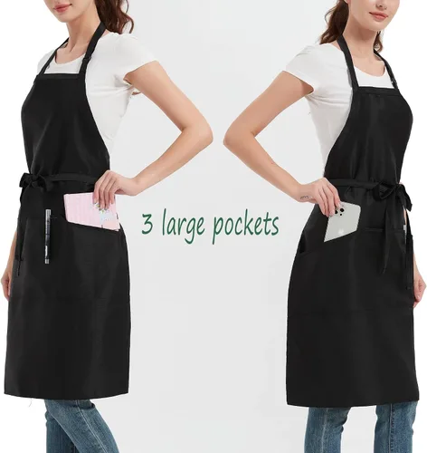 Vista 3 de Delantal largo de chef 3 bolsillos delantales de cocina para hombres mujeres tirantes ajustables delantal restaurante cocina