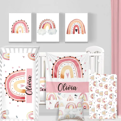 Vista 17 de Juego de ropa de cama personalizado para cuna de bebé, juego de 5 piezas para cuna de bebé, diseño de arco iris y diseño de arco iris, manta de bebé