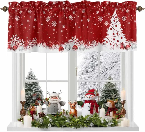 Vista 10 de Cenefa de cortina de muñeco de nieve de Navidad para ventanas, sala de estar, cocina, baño, cafetería, copo de nieve de invierno, ramas de pino