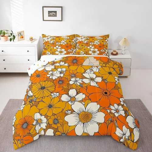 Vista 10 de Juego de ropa de cama floral retro, tamaño individual, vintage de los años 70 y 60, juego de edredón para niños, adultos y adolescentes, juego