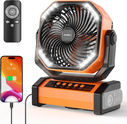 Vista 9 de AddAcc Ventilador de camping recargable de 20000mAh - Ventilador operado por batería con luz y control remoto, oscilación automática, temporizador