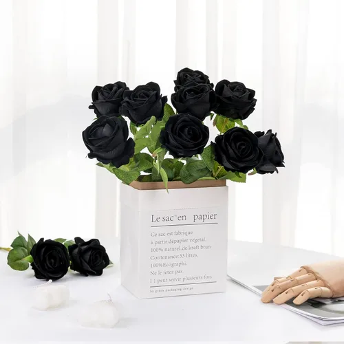 Vista 7 de Hawesome Rosas artificiales de seda – 12 piezas de rosas negras artificiales con tallos para decoración del hogar, boda, centro de mesa, hotel