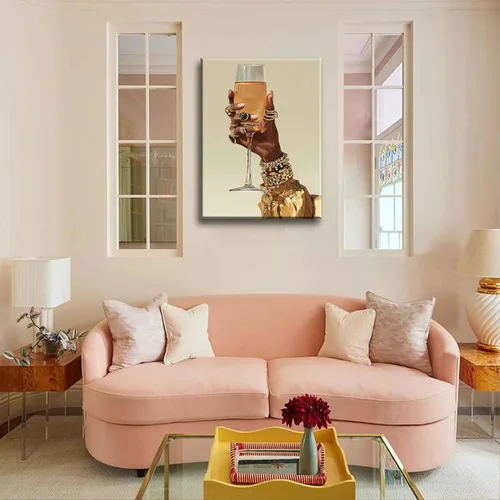 Vista 3 de Lienzo de cóctel de mujer negra, arte de pared, diseño de Martini, pintura a mano, cuadros afroamericanos, cáliz de bar, carros, impresiones
