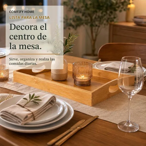 Vista 8 de Comfify Bandejas de bambú para servir, juego de 3 bandejas otomanas para alimentos, entretenimiento y decoración, diseño minimalista