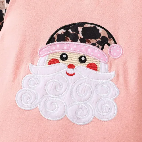 Vista 3 de Mameluco bordado de Papá Noel de manga larga de Navidad para niñas pequeñas (rosa, 12-18 meses)