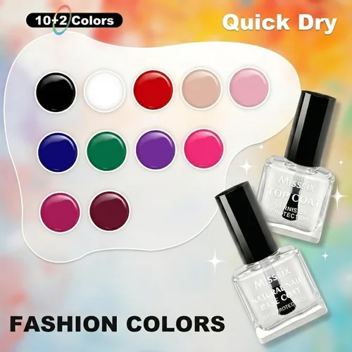 Vista 2 de Misssix 12 Pcs Nail Polish Set 10 Colors with Base Coat and Top Coat, Quick Dry Nail Polish, Mini Nail Lacquer Strengthening Manicure DIY Nail Art