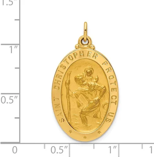 Vista 3 de Colgante de oro amarillo de 14 quilates macizo y mediano ovalado patrón católico San Cristóbal acabado mate cepillado