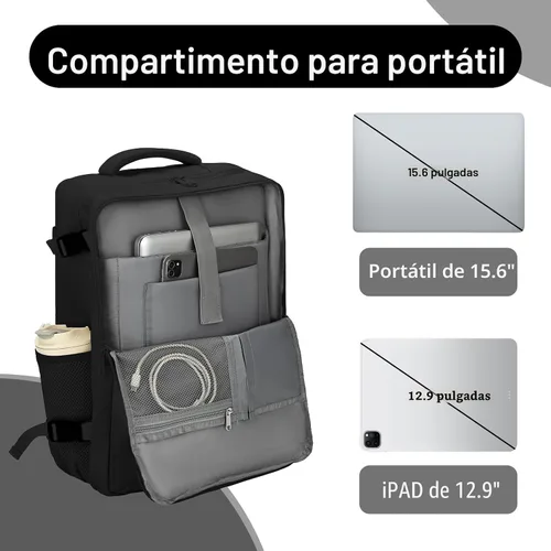 Vista 3 de Mochila de cabina para mujeres y hombres – Aprobada por aerolíneas, tamaño para debajo del asiento, compartimento para portátil de 15.6", apertura