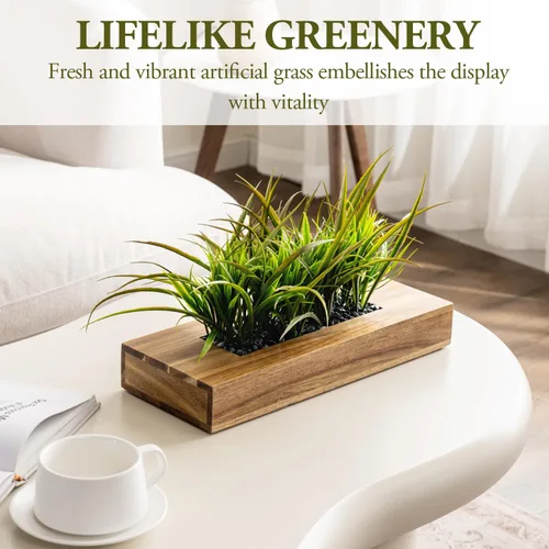 Vista 2 de MyGift - Grandes plantas artificiales de césped verde en maceta de 14 pulgadas en caja de madera maciza de acacia premium rectangular, centro