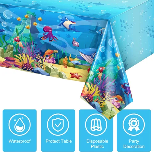 Vista 3 de Tiamon Paquete de 1 mantel de fiesta marina, animales del océano, criaturas submarinas, cubierta de mesa para decoración de fiesta de cumpleaños, 54