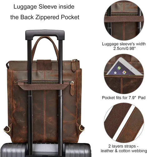 Vista 7 de S-ZONE Mochila de piel auténtica para mujer, con estilo retro, estilo vintage