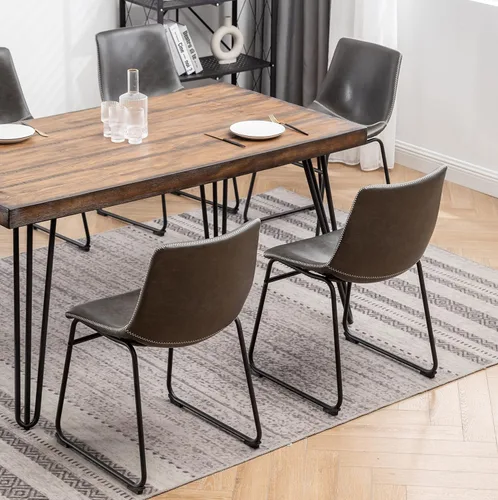 Vista 4 de Roundhill Furniture Aryven - Juego de comedor industrial de 7 piezas con mesa rústica de pino oscuro y 6 sillas de piel sintética, color gris