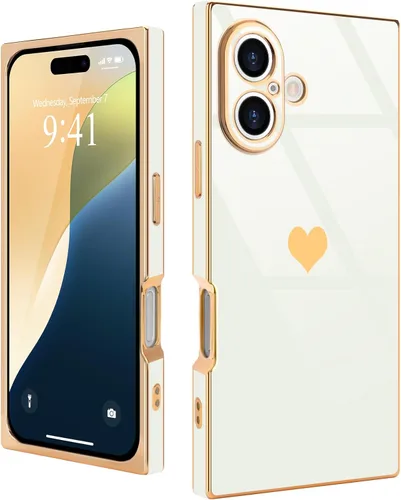 Vista 45 de Compatible con iPhone 12 Funda Rectangular Bonita Chapado Dorado Lujo Corazón de Amor Funda de Teléfono para Mujeres Niñas A Prueba de Golpes