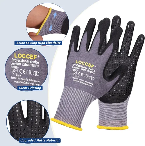 Vista 2 de LOCCEF Guantes de Trabajo con Revestimiento de Nitrilo MicroFoam - 6 Pares, Resistencia Tejido Sin Costuras de Nylon, Puntos en la Palma, Guantes