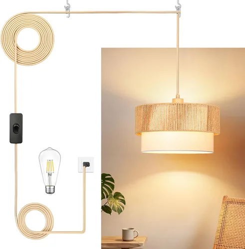 Vista 13 de Luz Colgante Enchufable, Lámpara Colgante con Cable Enchufable, Luces Colgantes Rústicas de Granja con Bombilla Regulable de 3 Vías, Accesorios