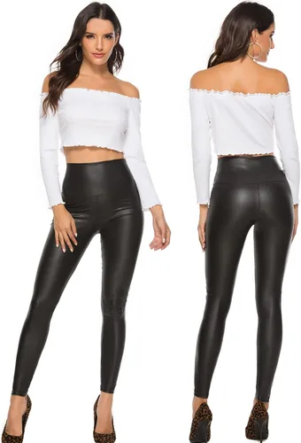 Vista 5 de RIOJOY Leggings sexys de cuero sintético para mujer, cintura alta, levantamiento de glúteos, pantalones de piel sintética elásticos con realce