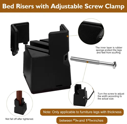 Vista 3 de Elevadores de cama de 2 pulgadas con abrazadera de tornillo ajustable, paquete de 4 elevadores de muebles resistentes, soporta hasta 5,000 libras