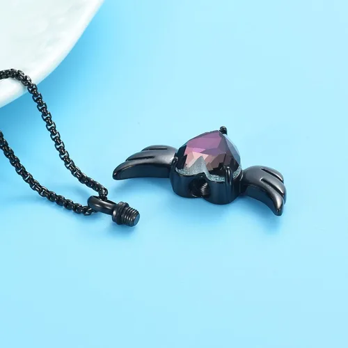 Vista 6 de Oinsi Collar de medallón de cremación con alas de cristal de corazón azul para cenizas, joyería para mujer