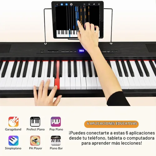 Vista 5 de Piano digital de 88 teclas con teclado semiponderado, teclado de piano de 88 teclas para principiantes con teclas iluminadas, piano eléctrico Negro