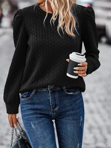 Vista 2 de PRETTYGARDEN Sudaderas de manga abullonada para mujer, para otoño, casual, cuello redondo, textura torcida sólida, sin botones