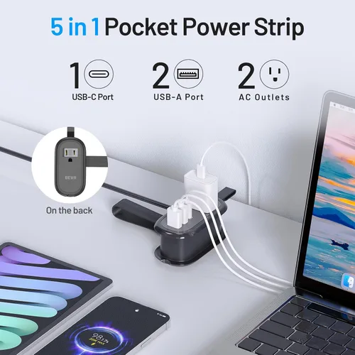Vista 2 de BEVA Regleta de alimentación de viaje con puertos USB C, cable de extensión de 4 pies, 2 tomacorrientes, 3 puertos USB, artículos esenciales