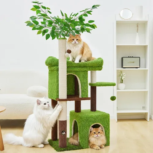 Vista 7 de Woochpet Árbol para gatos de 60 pulgadas con poste rascador para gatos en forma de árbol con 2 casas grandes para gatos y cama de percha superior