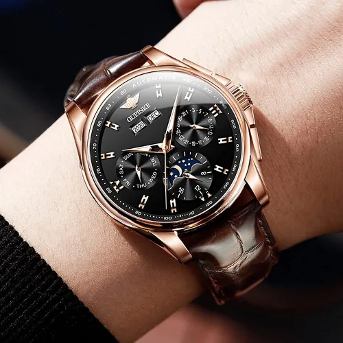 Vista 2 de OLEVS Reloj automático casual para hombre con correa de cuero esfera multicalendario manecillas luminosas resistente al agua fase lunar cristal