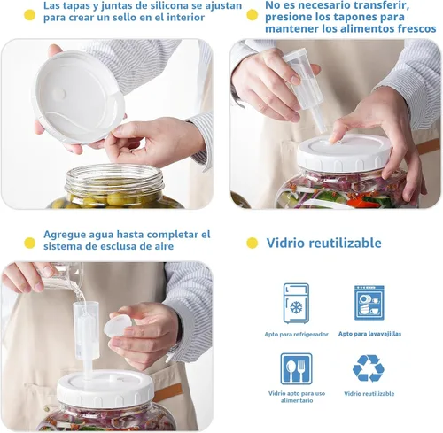 Vista 5 de Paquete de 2 frascos grandes de fermentación, frascos de vidrio de 1.5 galones con tapa 100% hermética y 3 válvulas de fermentación, frascos grandes