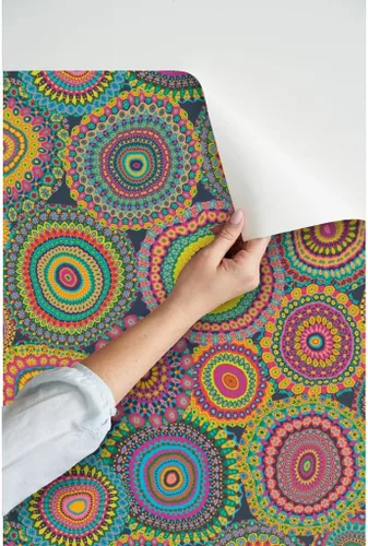 Vista 3 de Despegar y pegar papel tapiz Muestras – Colcha de retazos de abuelas mandala círculo colorido retro hippie personalizado extraíble papel pintado por