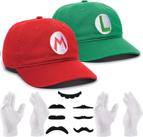 Vista 9 de Super Bros - Gorra de béisbol y bigote falso y guantes para adultos, adolescentes, suministros de fiesta de Halloween, cosplay