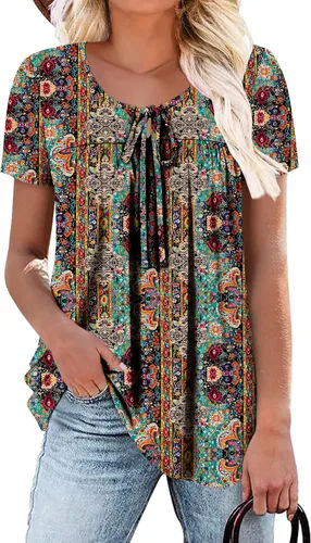 Vista 13 de BETTE BOUTIK Blusas de verano para mujer, plisadas, de manga corta, con cordón, cuello redondo, tallas S-3XL