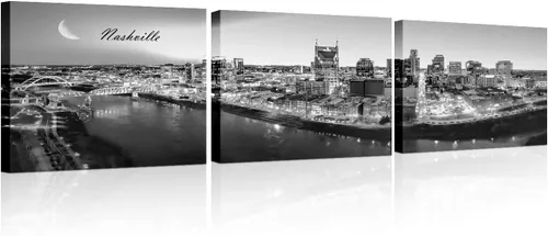 Vista 17 de TUMOVO 3 piezas de arte de pared en lienzo con diseño de horizonte de Atlanta, arte de pared panorámico de paisaje urbano en blanco y negro