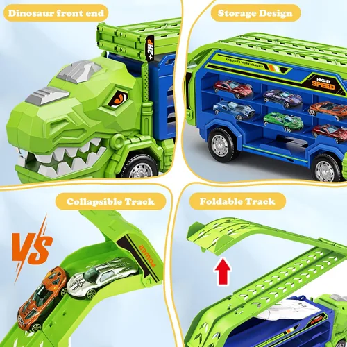 Vista 4 de Juguetes de camiones de dinosaurio para niños de 3, 4, 5, 6, 7, 8 años, juguetes de pista de carreras de camiones transportadores, juguete de coche