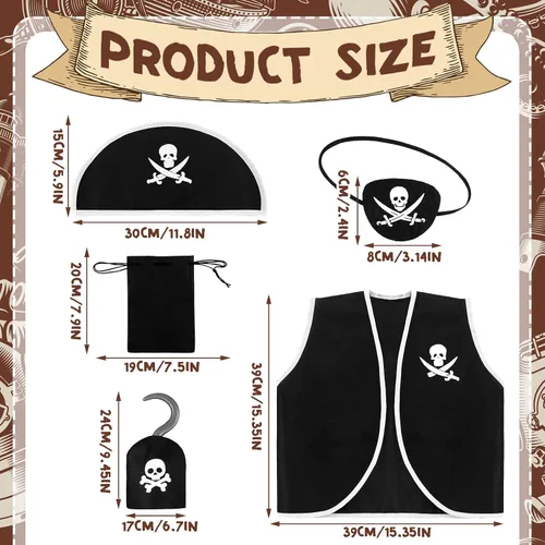 Vista 3 de Bencailor Juego de 6 accesorios de disfraz de pirata para niños, juego de rol pirata para niños y niñas, fiesta de Halloween, cosplay, disfraz