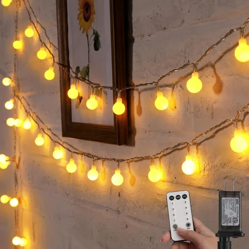 Vista 10 de Minetom Guirnalda de luces con forma de globo, 33 pies, 100 luces LED enchufables, 8 modos con control remoto, mini luces de globo para interiores