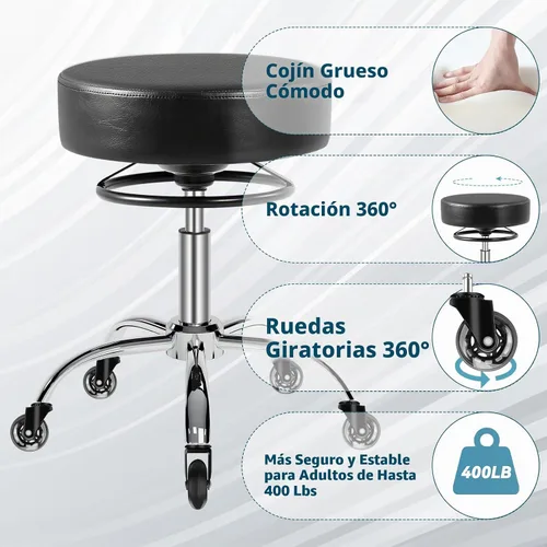 Vista 7 de Taburete rodante negro con ruedas 400lbs - 360° silenciosamente