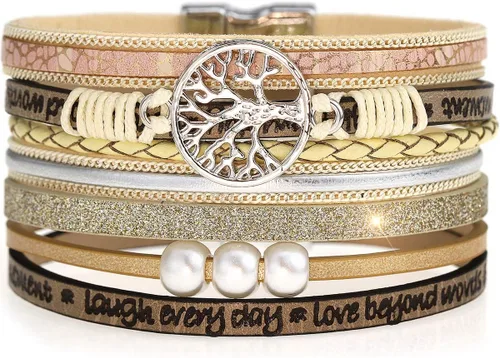 Vista 22 de Suyi Pulsera trenzada de cuero multicapa para mujer, con hebilla magnética Perla Caqui1