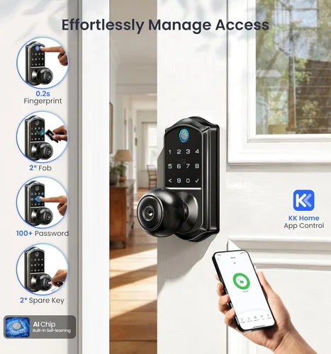 Vista 2 de Veise VE018 - Cerradura de manija inteligente de perilla, huella digital, control de aplicación, entrada sin llave para puerta delantera y Negro