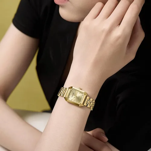 Vista 6 de GOLDEN HOUR Reloj rectangular de cuarzo para mujer, correa de acero inoxidable en tono dorado