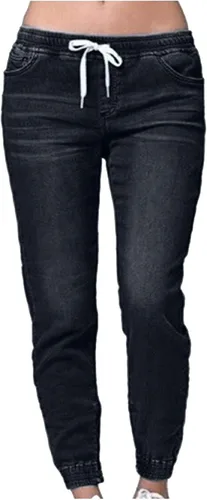 Vista 2 de WUAI-Women Pantalones de mezclilla desgastados sin botones, cintura elástica, cordón elástico, pantalones de mezclilla, talla extra grande