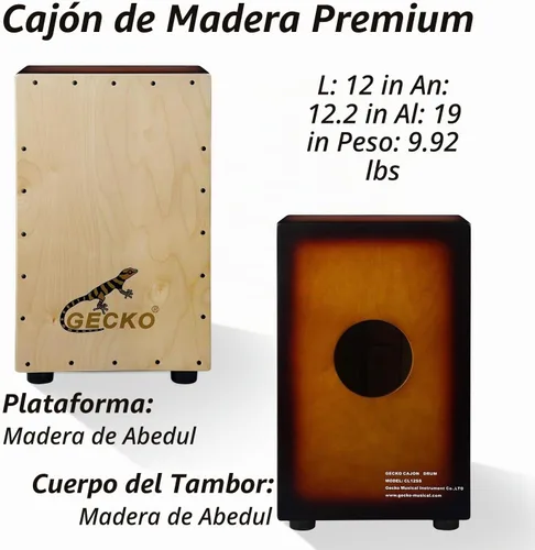 Vista 6 de GECKO Cajon BOX - Caja de percusión de madera con cuerdas internas ajustables para guitarra