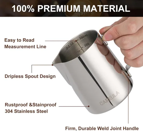 Vista 3 de Jarra de espuma de leche, taza espumadora de leche de acero inoxidable de 12 onzas, jarra de vapor para barra de café, capuchino, accesorios para A0