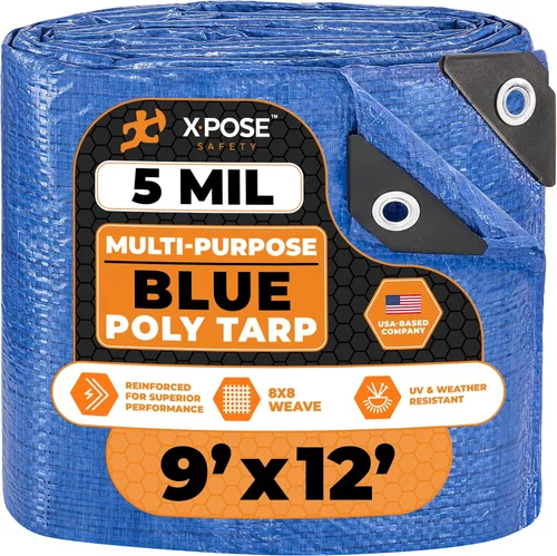 Vista 111 de Xpose Safety - Lona de polietileno ligera azul – Funda protectora multiusos, paño de goteo – duradero, impermeable, resistente a la intemperie